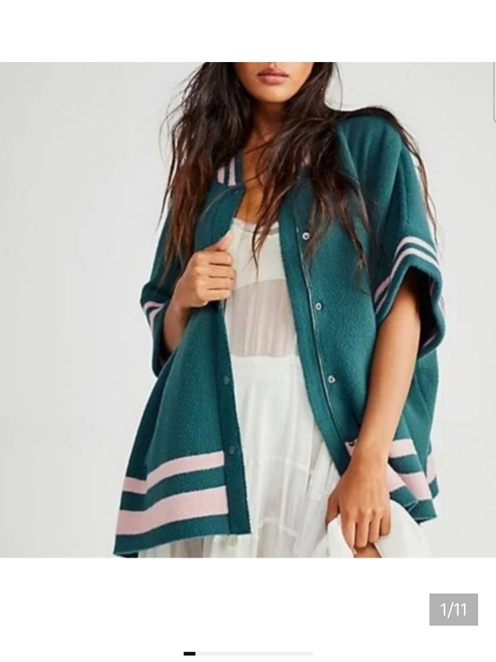 Free People Pep Rally Striped Poncho OS Green Pink Oversized Snap Front Cape - Picture 3 of 12